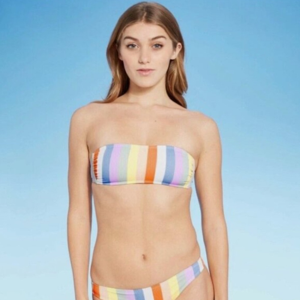NWT Xhiliration Colorful Striped Bikini Set Top Medium Bottoms Large